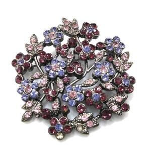 Purple & Lavender Rhinestone Floral Brooch, Gun Metal Gray
